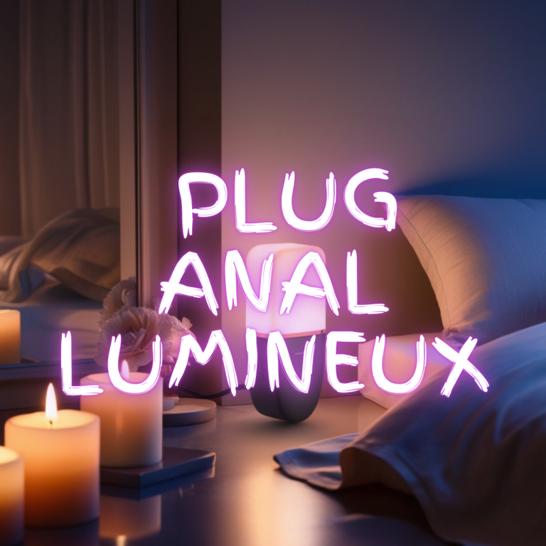 Elegant plug anal lumineux glowing softly in a romantic, dimly lit bedroom setting with candles and warm colors